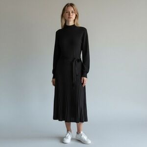 Nina Leonard Midi Sweater Dress Black Knit Pleated Skirt Medium Tie Waist Office